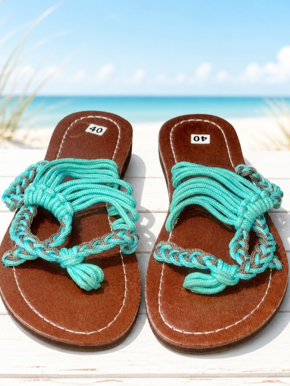 Plaka Style Braided Brown/Teal Flip Flop Sandals Sz 40 Eu